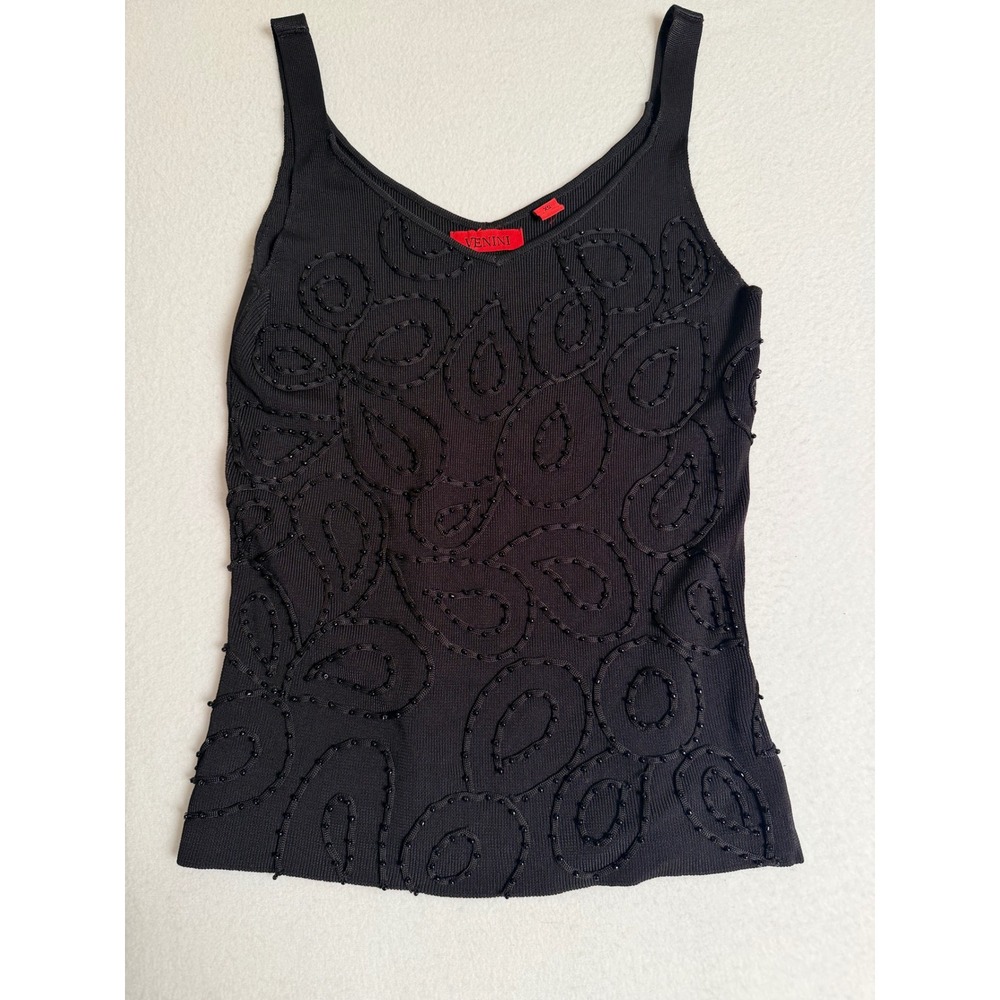 Venini Black Beaded Paisley Ribbed Knit Camisole V-Neck Tank Top XS